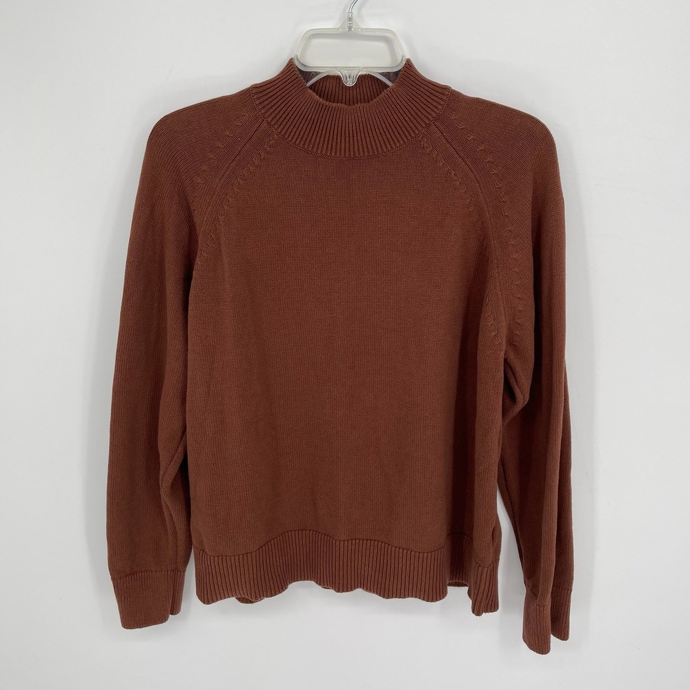 Quince Women's Brown Mock Neck Organic Cotton Raglan Pullover Sweater Size M